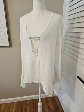 Star Gazer Beaded Gauze Top White Size Medium | Boho Festival